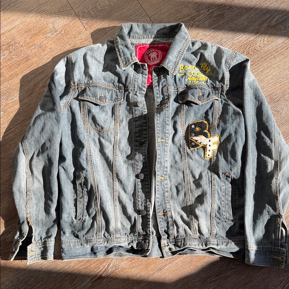 Stylish Born Fly Denim Jacket with Embroidered Patches XL